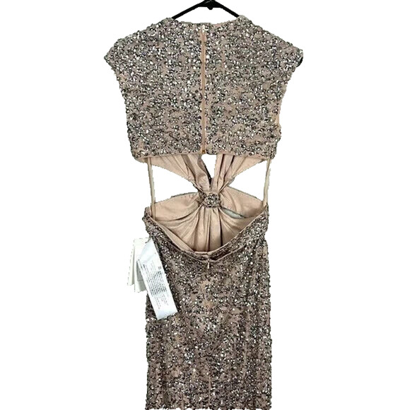 NWT MAC DUGGAL SZ 0 10919 SEQUINED CAP SLEEVE PLUNGE NECK CUT OUT GOWN NUDE - Picture 5 of 6